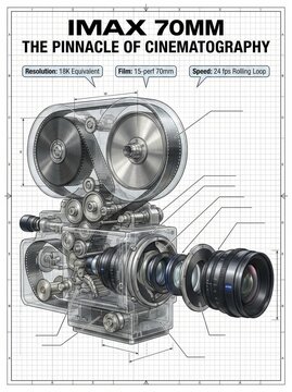 Detailed blueprint of an iconic IMAX 70mm film camera, highlighting its 18K equivalent resolution and 15-perf film format. Illustrates the intricate mechanics of classic cinema.