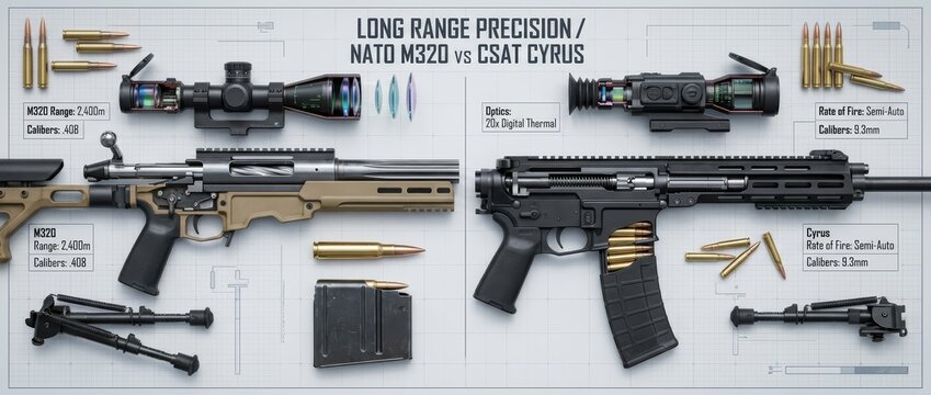 Detailed comparison of M320 and Cyrus long-range precision rifles, showcasing optical/thermal scopes, ammo, and technical specs. Generative AI.