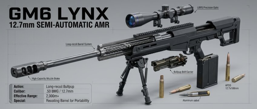 Detailed 3D render of the GM6 Lynx 12.7mm semi-automatic anti-materiel rifle. Features bullpup design, precision optic, and .50 BMG APDS ammunition.