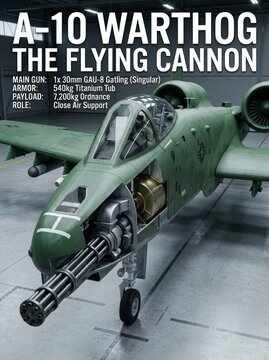 Detailed generative AI render of the A-10 Warthog, "The Flying Cannon," featuring its GAU-8 Gatling gun. Perfect for military and aviation visuals.