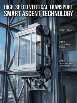 Modern high-speed smart ascent elevator technology in a skyscraper with city view. Features 18m/s speed, carbon-fiber aramid cables, & electromagnetic brakes.