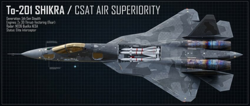 Futuristic 5th generation stealth fighter jet concept, the To-201 Shikra, with open internal weapons bay showing missiles on a grid background. CSAT air superiority elite interceptor.