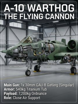 Detailed infographic of the A-10 Thunderbolt II Warthog, showcasing its GAU-8 Avenger cannon, titanium armor, TF34 engines, and ammunition system.