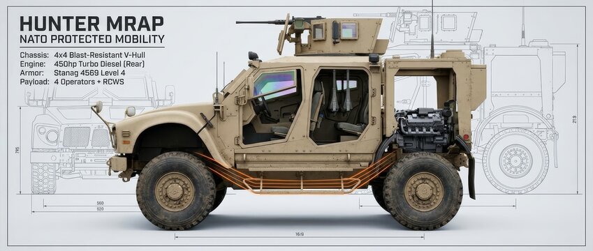 Detailed side view of Hunter MRAP military vehicle with NATO specifications and technical blueprint overlay. Features blast-resistant V-hull, 450hp engine, Stanag 4569 Level 4 armor, and RCWS.