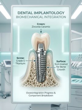 Detailed 3D diagram illustrating dental implant osseointegration. Shows zirconia crown, titanium screw, and SLA-treated surface promoting bone growth.