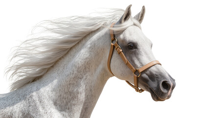 Majestic white horse with flowing mane and leather halter, isolated on transparent background © Elena