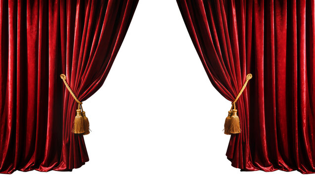Rich red velvet theater curtains with golden tassels, isolated on transparent background