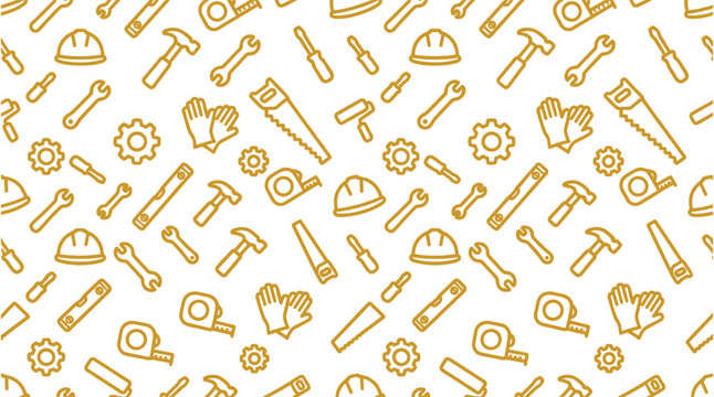 Labour Day Construction Worker Tools Seamless Pattern White Gold Yellow Outline Icons Vector Background Illustration