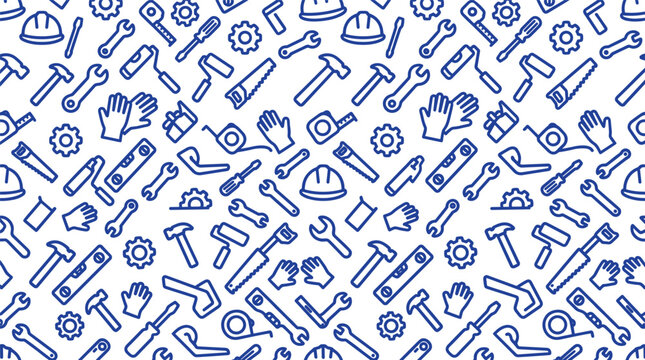Labour Day Construction Worker Tools Seamless Pattern White Blue Outline Icons Vector Background Illustration