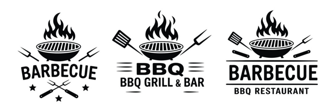 BBQ Logo Set Featuring Barbecue Grill Icons Fire Flame Meat Restaurant Labels Vector Illustration Collection for Branding Design