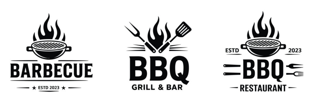BBQ Logo Set Featuring Barbecue Grill Icons Fire Flame Meat Restaurant Labels Vector Illustration Collection for Branding Design