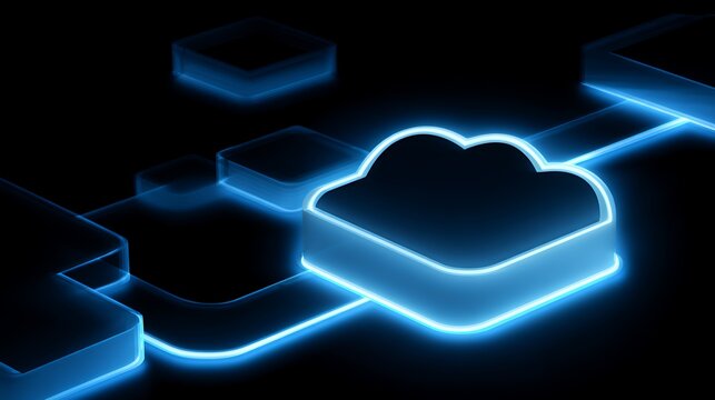Isometric perspective cloud database background with neon blue glowing cloud frame and digital information block layout.