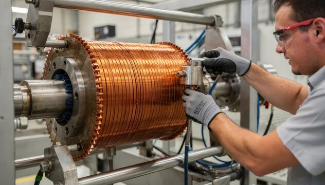 Medium shot of a technician adjusting a large power choke inductor coil winding setup showcasing the robust machinery and copper wire wrapping process.