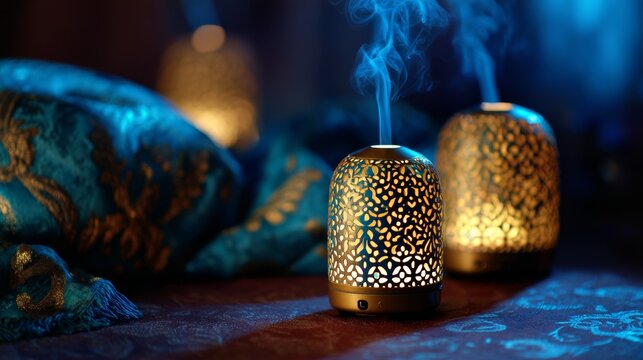 Ornate golden aroma diffuser emitting blue steam in soft light