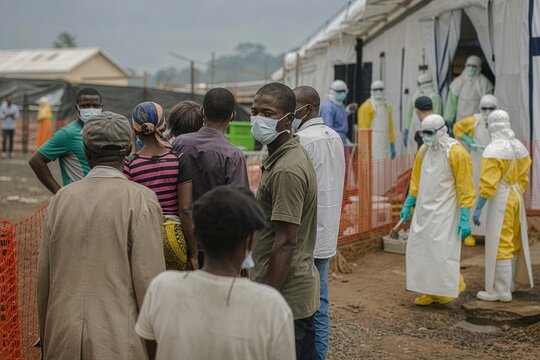Facing an unseen deadly foe as masked individuals await help at an Ebola treatment center
