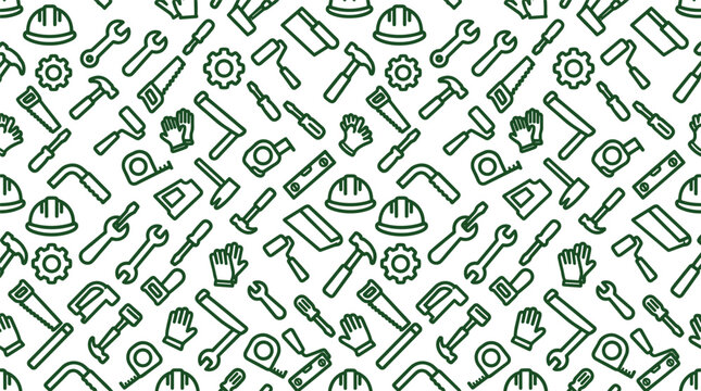 Labour Day Construction Worker Tools Seamless Pattern Green Background Dark Green Outline Vector Background Illustration