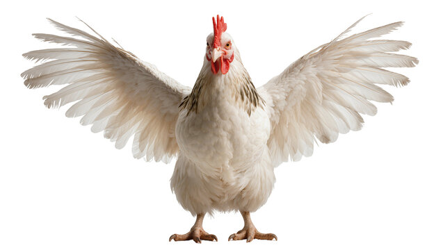 White chicken with wings spread wide, isolated on transparent background
