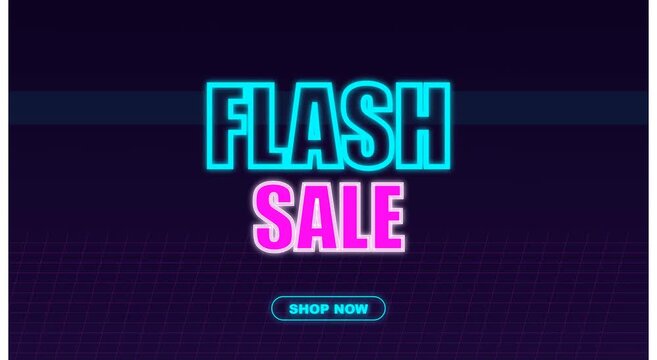 Neon flash sale promotion with shop now button retro style animation