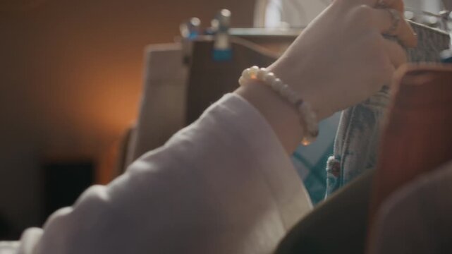Closeup of unrecognizable female teen looking through clothes rack while getting dressed in cozy bedroom with warm light