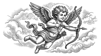 Fototapeta premium Cupid with bow and arrow flying through clouds vintage illustration
