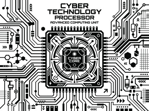 cyber technology processor illustration with circuit board pattern on white background