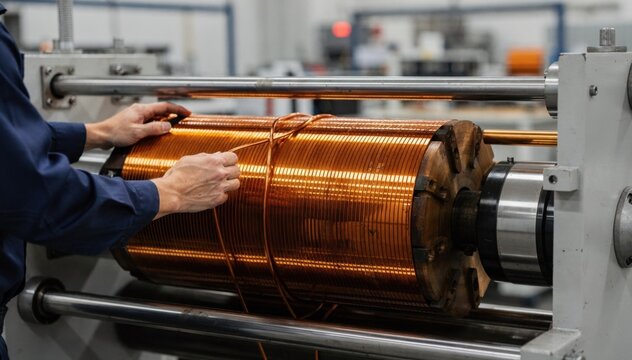 Medium shot of a technician adjusting a large power choke inductor coil winding setup showcasing the robust machinery and copper wire wrapping process.