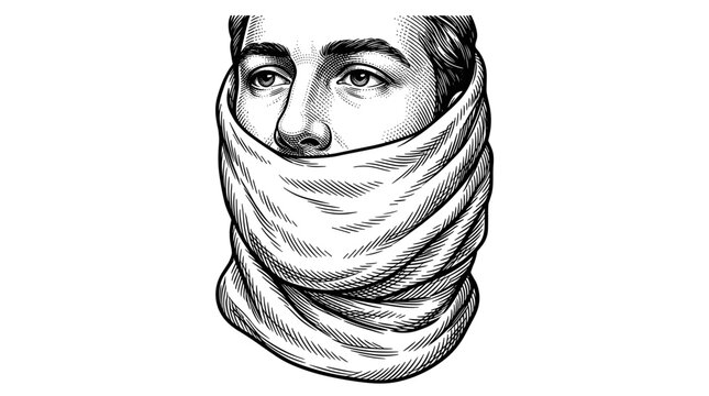 Close up of a person wearing a neck gaiter or scarf covering their mouth and nose in a sketch style