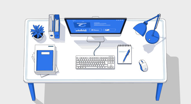 Modern minimalist desk setup with computer keyboard mouse and lamp top view illustration