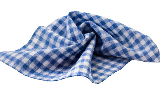 Blue and white checkered gingham fabric cloth crumpled and folded, isolated on transparent background