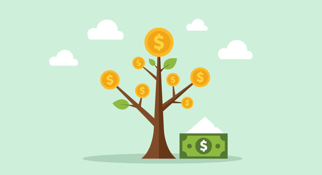 Money tree with coins and dollar bills symbolizing financial growth and investment concept