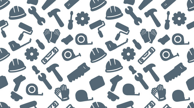 Labour Day Construction Worker Tools Seamless Pattern White Dark Grey Solid Icons Vector Background Illustration