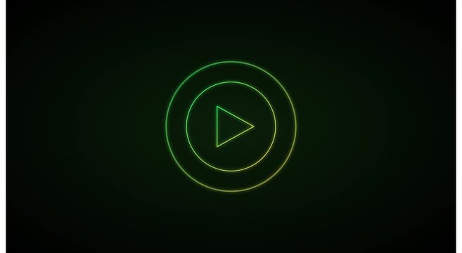 Neon play button with pulsing circular waves on dark animation background