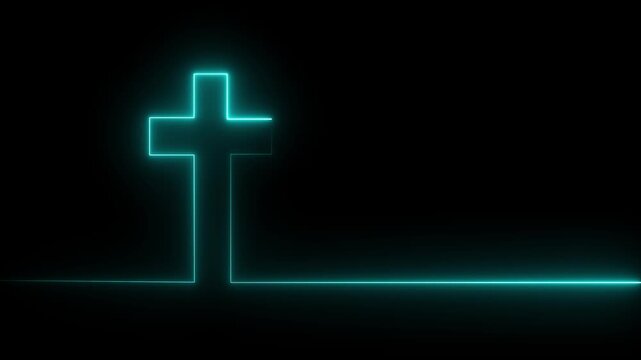 Glowing neon Cross and come and worship text in thin lines style.4k motion graphics video