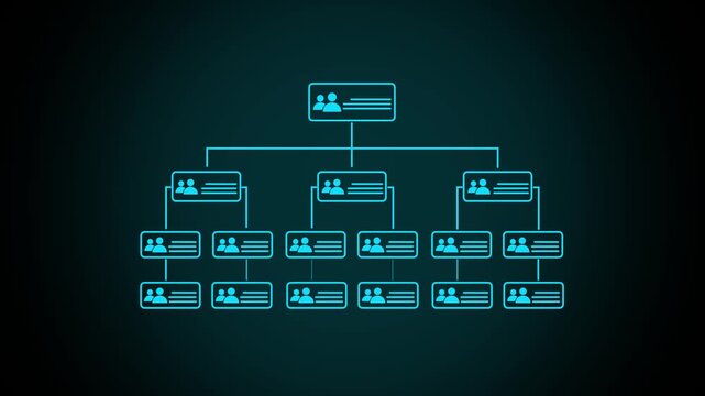 Businessman Glowing workflow automation system with data diagram of hierarchical structure of departments in business organization. Business workflow process management concept.4k motion video