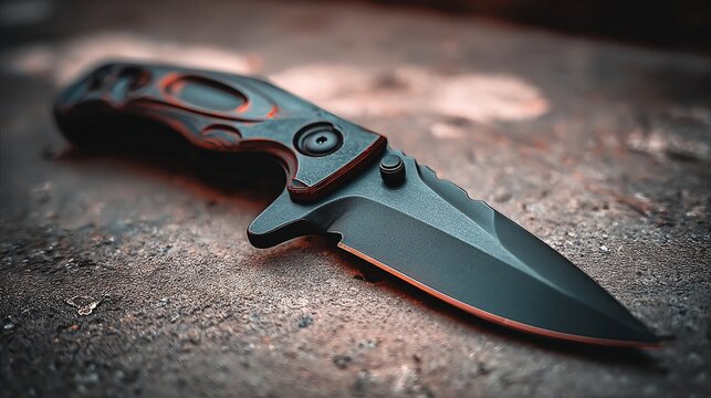 Closed Tactical Folding Knife with Orange Accents on Stone Surface