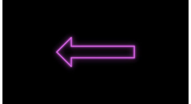 Neon purple left arrow sign glowing on dark animation background motion