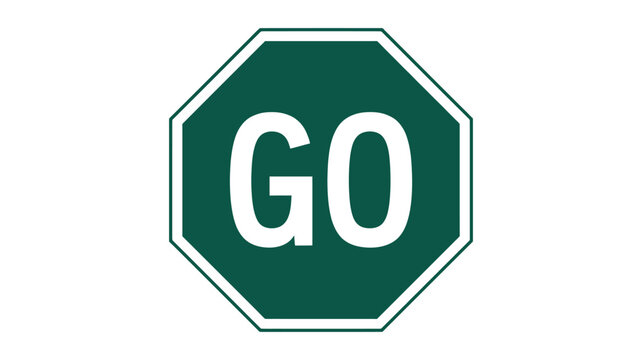 Green octagonal sign featuring word go with transparent background isolated design element for navigation and traffic guidance.