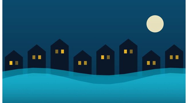 Night cityscape animation: minimalist houses under full moon skyline animation