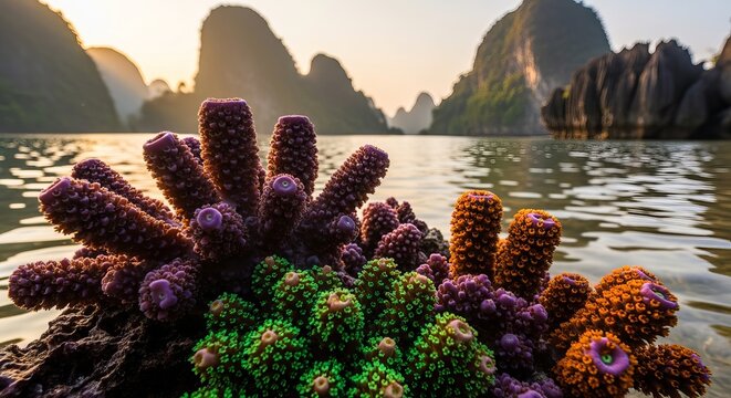 Vibrant coral reef in clear waters with stunning limestone karsts at sunset