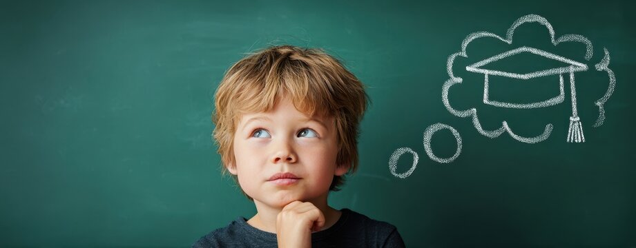 The boy pondering a graduation cap thought bubble against a green chalkboard backdrop