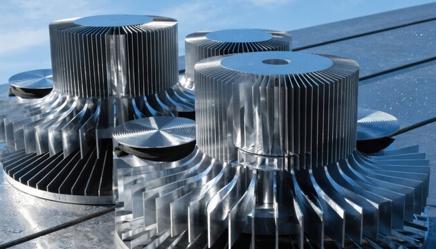 Detailed medium shot of bare aluminum broadcast power amplifier heatsinks showcasing smooth metallic fins and thermal pads designed for optimal cooling performance.