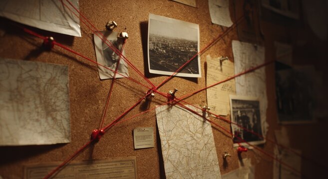 Corkboard with maps, photos, and red string connecting them