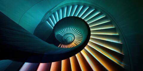 Obraz premium Abstract spiral staircase illuminated with turquoise and golden neon lighting creating futuristic architectural symmetry in dark modern interior Concept of innovation and infinity