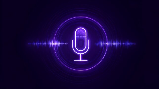 Neon purple microphone icon with circular digital sound waves and audio frequency visualizer on dark background for podcast and radio.