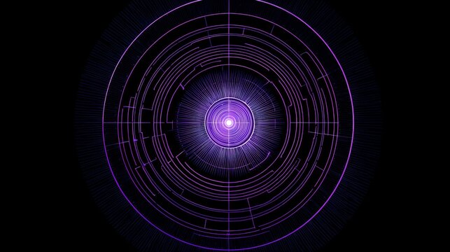 Abstract purple tech circle background with futuristic radar interface or digital audio signal processor visualizer on black background.