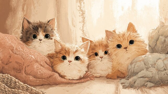 Four fluffy kittens cuddle together, eyes wide and curious. Soft pastel tones create a warm, gentle atmosphere. Each kitten has unique fur patterns and soft expressions