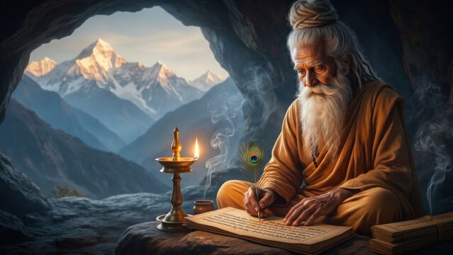 Sage Veda Vyasa Writing Sacred Scriptures &ndash; Himalayan Dawn