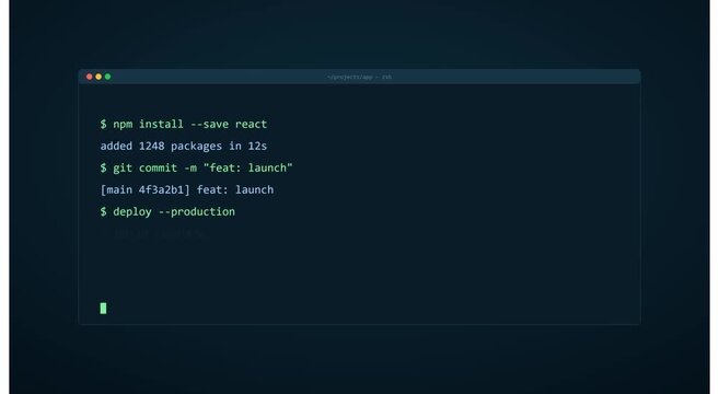 Software development terminal interface running react deployment commands animation