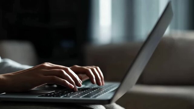 Typing messages on a laptop in a quiet room during the evening. Each frame shows hands focused on the keyboard.