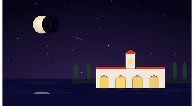 Solar eclipse over mediterranean villa at night with starry sky animation